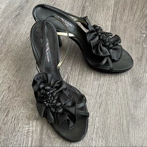 NEW Nina Black Satin Ruffle beaded Heeled Sandals